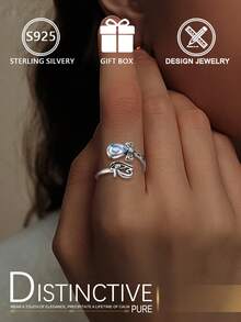 1pc S925 Sterling Silver Double Layer Moonstone Adjustable Ring, Butterfly & Eye Design, Unique Dreamy Silver Ring, Suitable For Daily Wear Or Gift, Comes In Gift Box - Antique Silver - View 9