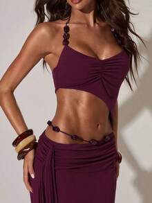 两件套女士优雅露背褶皱吊带背心和长裙，中等弹力，波西米亚休闲风，新款时尚创意夏季套装 - 紫色 - 查看 6