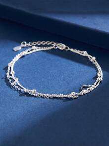 AETOLIA S925 Sterling Silver Double Layer Bracelet For Women Personalized Heart Design White Gold Plated Chain Adjustable - Silver - View 6