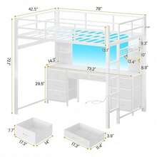 Cama alta Twin, Cama alta Twin con escritorio y luces LED, Estación de carga y estantes de almacenamiento, Base de cama de metal resistente con protección y escalera, No necesita somier, ahorra espacio - Blanco - Ver 3