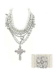 Layered Pearl Necklace Gothic Cross Pearl Stacked Necklace For Women - White - View 11