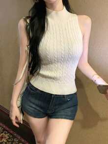 Camiseta sin mangas de cuello alto blanca con estilo francés, top de punto ajustado con detalles de diseño, primavera - Albaricoque - Ver 4