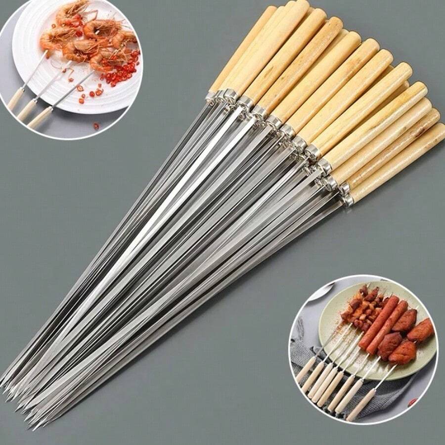 10支/20支装不锈钢烧烤签，多用途金属烤肉串签，带木柄不锈钢烧烤签，烧烤针杆，户外烹饪，烧烤用品 - 金屬木不銹鋼烤肉簽 - 查看 1