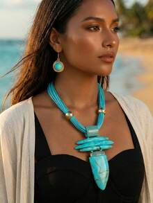 1 Set de collar geométrico asimétrico exagerado de múltiples capas, conjunto de joyas de estilo bohemio de múltiples capas de moda para que las mujeres usen en vacaciones en la playa - Multicolor - Ver 1