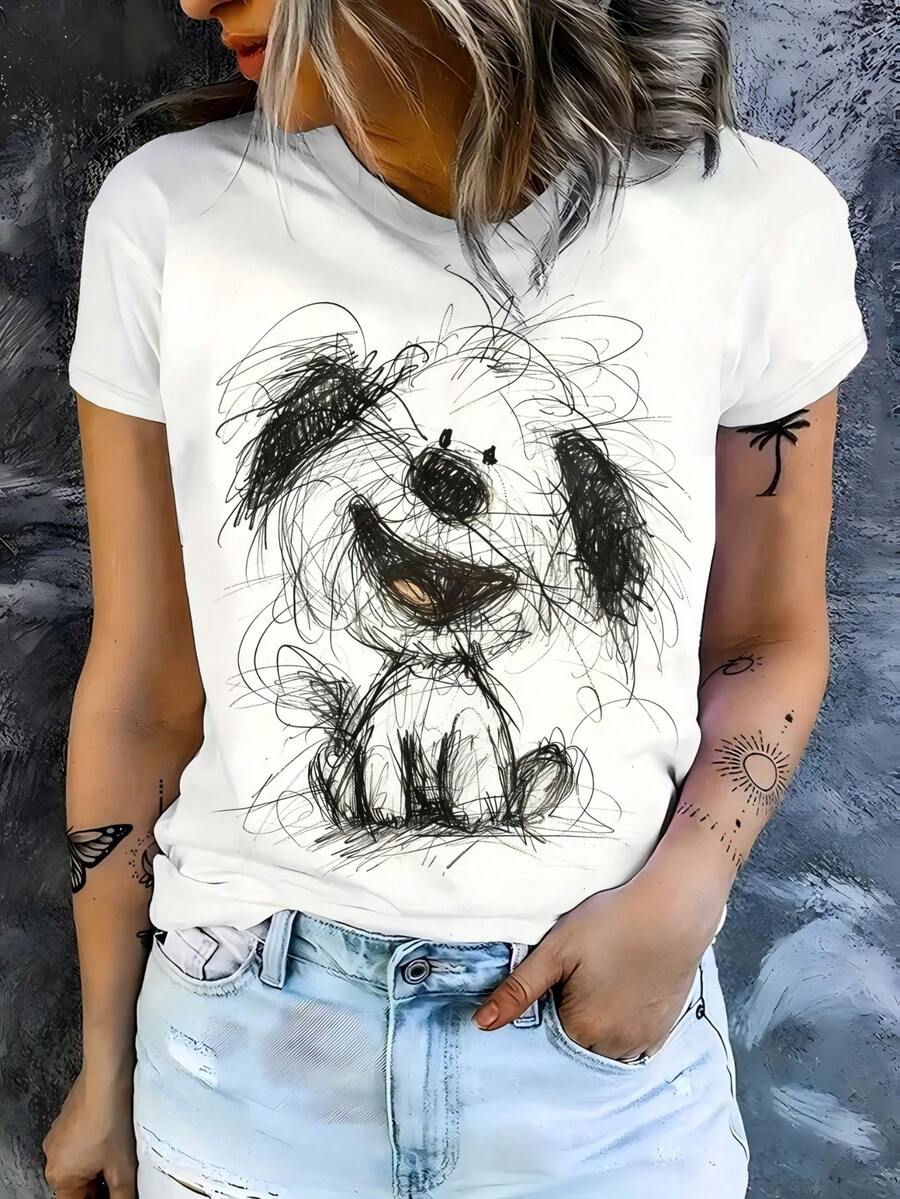 1PC Hand-Painted Line Dog Print Women's Short Sleeved T-Shirt, Simple Art/Cute Style Design, Focusing On Freshness, Casualness, And Healing Feeling. The Loose Fit Round Neck Short Sleeved T-Shirt Is Made Of Comfortable And Breathable Material, With A Slight Elasticity, Suitable For Daily Street, Campus, Leisure And Other Scenes. - trắng - Xem 1