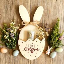 1 món đồ trang trí bằng gỗ hình thỏ Phục Sinh, có túi để đựng quà, khắc dòng chữ "Frohe Ostern" (Chúc mừng Lễ Phục Sinh). Hoàn hảo để làm vật trang trí trung tâm cho bàn ăn tối Lễ Phục Sinh, và thích hợp để trang trí trong văn phòng, lớp học, các bữa tiệc và các sự kiện trong nhà hoặc ngoài trời. Phụ kiện hình thỏ, quà tặng Lễ Phục Sinh. - Nhiều màu - Xem 4