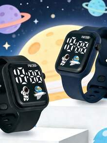 Set de 2 relojes digitales cuadrados con diseño espacial y LED, con pulsera de fútbol que muestra fecha y hora, adecuado como regalo de cumpleaños o de vuelta al colegio para adolescentes - Multicolor - Ver 5