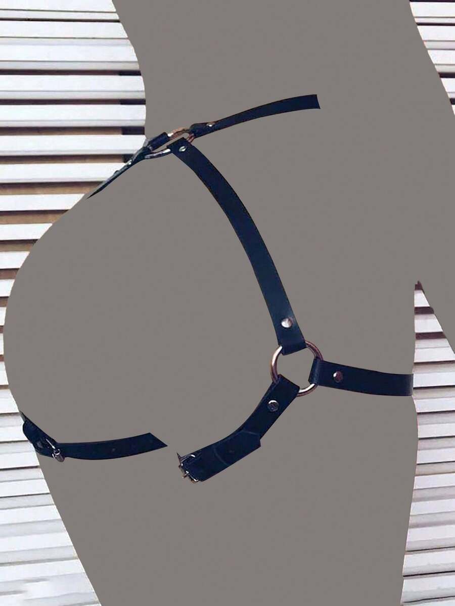 1件装女士黑色仿皮吊袜带，朋克风束腰配饰，私密派对腰带