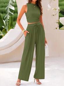 Women's Solid Color Round Neck Tank Top And Tie Front Pocket Wide Leg Pants Set Summer - Army Green - View 1