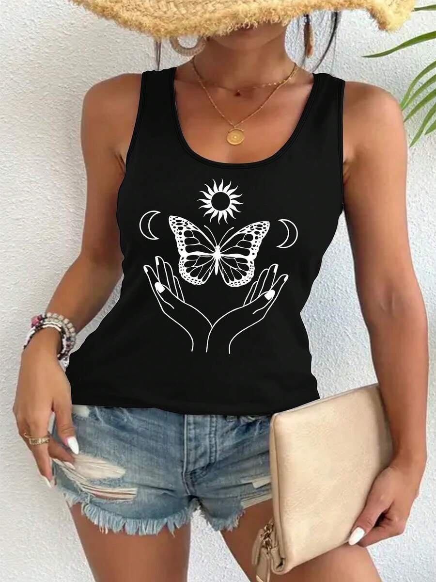 Women's Sleeveless Tank Top - Non-Transparent Smooth Surface Casual Blouse, Everyday & Formal Outfits - Machine Washable Women's Clothing, Versatile Outfit, Graphic Print Design, Nontransparent Fabric, Summer Fashion, Design, Breathable Fabric, Summer Wardrobe - White - View 1
