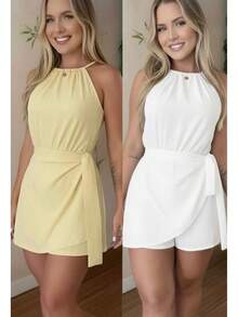 Women's Summer Fashion Jumpsuit Set - Duna - 兩件式 - 白色和黃色連身衣 - 查看 2