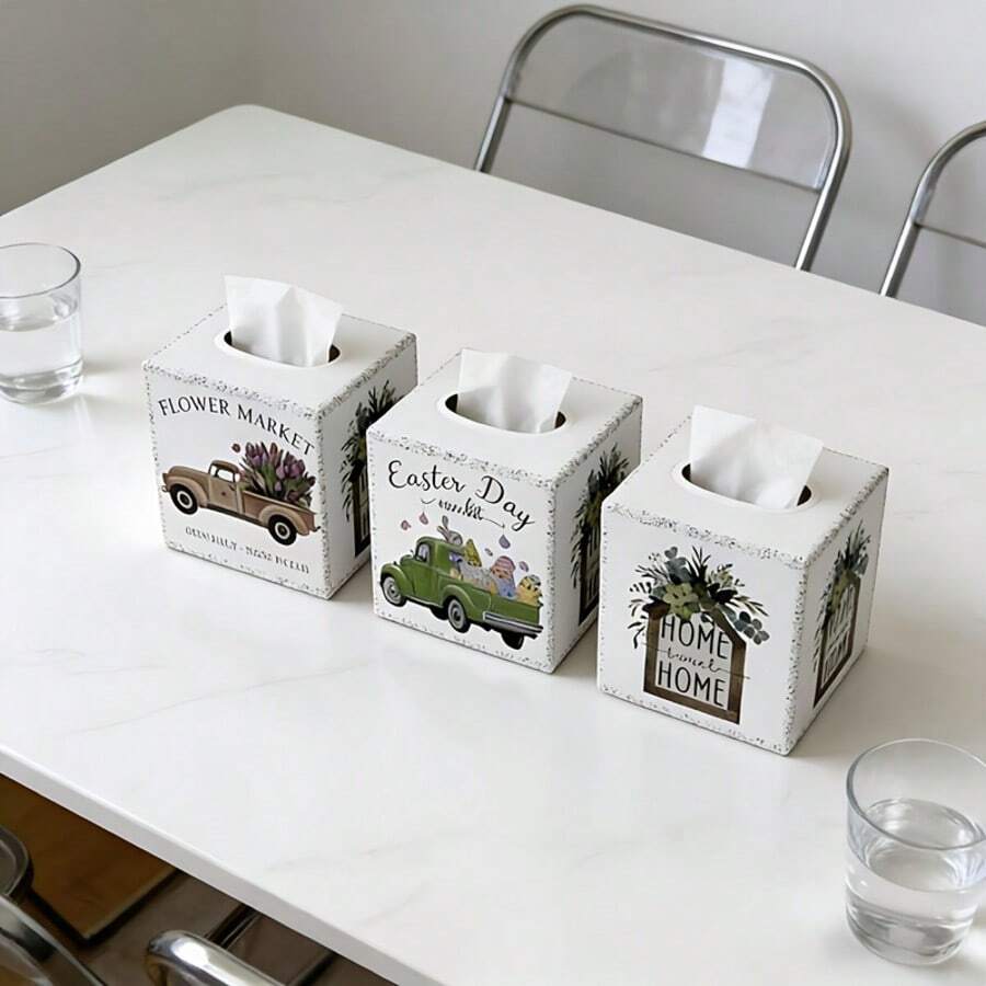 Pastoral Style Iron Tissue Box, Dual-Use As Tabletop Decor & Storage, Suitable For Easter, Flower Market, Home Series. Healing Pattern Design With Retro Texture, Easily Fits Into American Country, Pastoral, Nordic Home Styles, Great For Seasonal Decor And Cozy Ambiance. - Rustic-style Metal Tissue Box - View 1