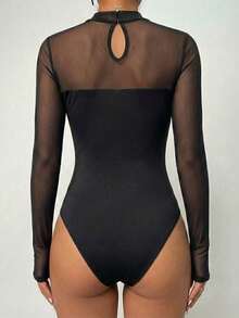 ChicMe Women's High Collar Mesh Patchwork Fitted Long Sleeve Hollow Back Casual Fashionable Top Black Spring - Black - View 2