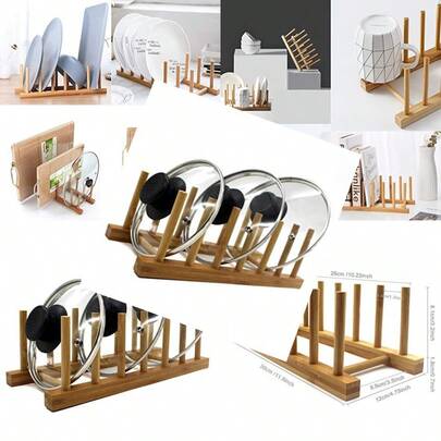 Bamboo Wooden Dish Rack Vertical Plate And Lid Organizer For Kitchen Cabinet Or Countertop Drying Stand For Dishes Cutting Boards