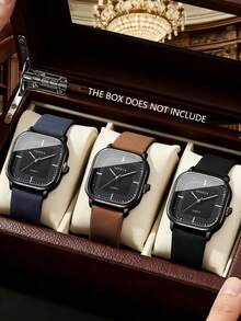 3pcs/Set Minimalist Casual Men's Quartz Watch, Blue/Brown/Black Leather Strap With Square Black Dial Quartz Watch Set. The Square Black Minimalist Dial Paired With Blue/Brown/Black Leather Straps, Comfortable And Fitting, With A Simple And Steady Style To Showcase The Elegant Elegant Of Men. - Multicolor - View 12