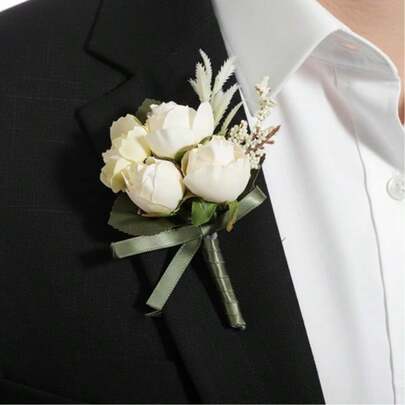 2枚白色玫瑰胸花，人造玫瑰花胸针，适合新郎、伴郎、西装装饰，波西米亚风格花朵胸针，适用于婚礼、周年纪念、正式晚宴