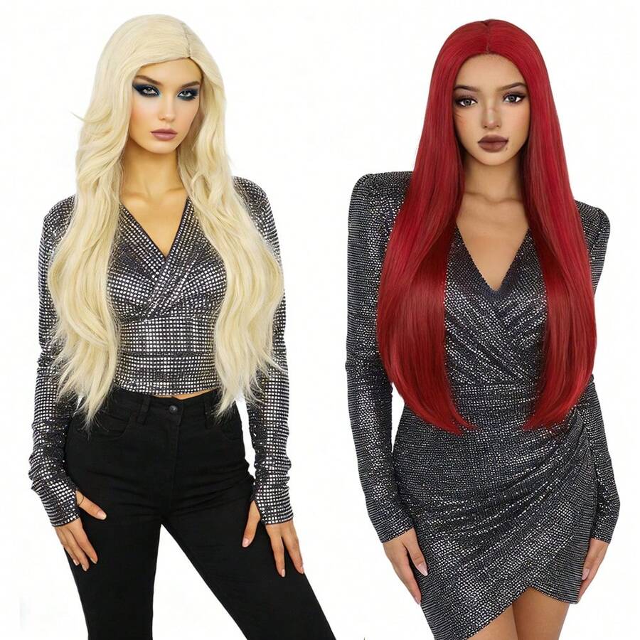 Chic Long Straight Wig, 2 Colors (Vibrant Red/Platinum Blonde) Sleek Synthetic Hairpiece For Daily Looks & Glam Party Styles - Multicolor - View 1