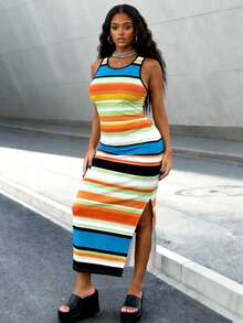 Đầm dài không tay kẻ sọc cầu vồng xẻ tà phía sau dành cho nữ, kiểu dáng thời trang phù hợp cho kỳ nghỉ hè, tiệc tùng và các hoạt động ngoài trời. - Nhiều màu - Xem 5