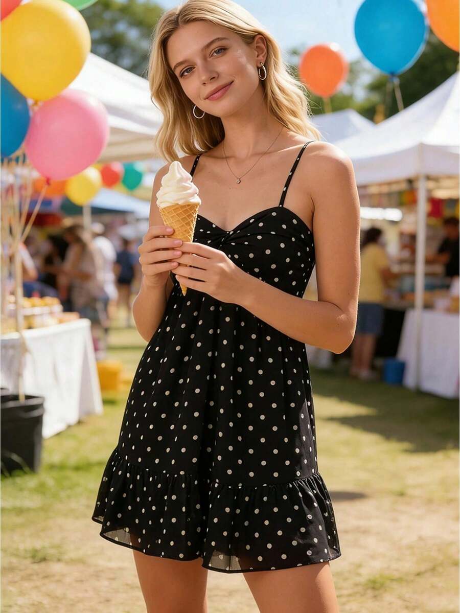 Women Slip Dress, Spaghetti Straps Backless Dots Print Loose Summer Mini Dress Clubwear - Black - View 1