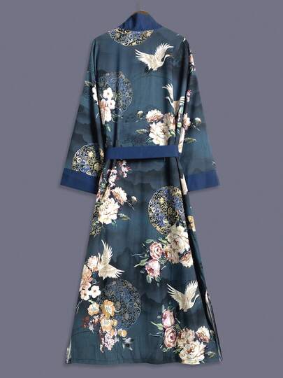 Bohemian Style Printed Mid-Length 3/4 Sleeve Kimono Cover Up Thin Jacket, Women Elegant European And American Street Casual Coverup, Beach Travel Holiday Haori Thin Robe Bathrobe Robe