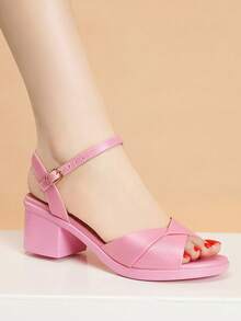Women's White Open Toe Chunky Heel Sandals, Summer New Arrival - Pink - View 5