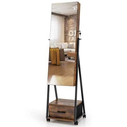  COSTWAY Jewelry Armoire, Floor Standing Lockable Jewelry Cabinet W/ Full-Length Mirror, Large Capacity Cosmetics Storage Organizer On Wheels W/ Drawers & Shelves, Brown