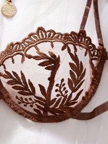 两件套女士性感内衣套装，棕色，超薄透气网纱，花卉刺绣，纯真迷人，包含文胸和丁字裤；情人节约会的完美之选 - 棕色 - 查看 3