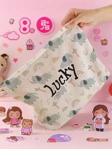 1pc Customized Name Cartoon Elephant & Rabbit Pattern Corduroy Toiletry Storage Bag, Perfect For Travel And Organizing Toiletries, Customizable Based On Your Unique Design, Ideal For Kids, Print Your Own Name Or Your Sister's And Classmate's Name As A Gift - Multicolor - View 3