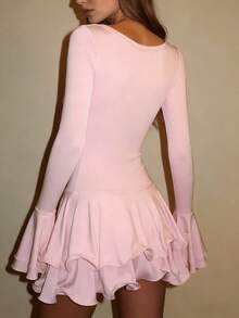 Flared Sleeve Waisted Short Sexy Single Breasted Dresses - Hồng - Xem 6