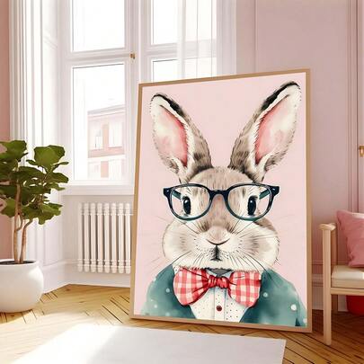 1 pieza Cuadro de arte de pared con conejo de Pascua de acuarela estilo preppy, impresiones de conejos elegantes y lindos, pinturas en lienzo, póster de vacaciones de Pascua, decoración de primavera en tonos pastel rosa para dormitorio de niños, guardería, sala de estar, regalo para ella, sin marco o con marco