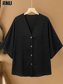 RNU Áo sơ mi nữ cỡ lớn thanh lịch, cúc trang trí, tay áo cánh dơi, cổ chữ V sâu, thích hợp cho kỳ nghỉ, áo mùa hè, trang phục mùa xuân, trang phục ngày Valentine, trang phục nghỉ hè, buổi hẹn hò, mặc hàng ngày, tôn dáng, đi biển, thời trang đa năng, dự tiệc & hẹn hò, hẹn hò lãng mạn ngày Valentine, sản phẩm thời trang, hàng mới về mùa xuân/hè, áo sơ mi ngắn tay nữ, trang phục lễ hội 2026. - màu đen - Xem 2