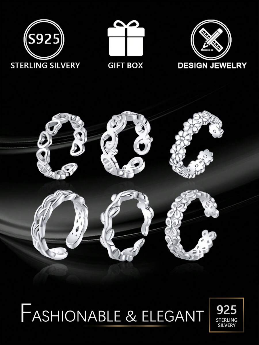 6 قطعة/مجموعة خواتم أصبع القدم قابلة للتعديل من الفضة الإسترليني عيار 925 للنساء، مجوهرات قدم بسيطة غير مسببة للحساسية، مناسبة للارتداء اليومي وملابس الشاطئ، مع علبة هدايا - فضي - مشاهدة 1