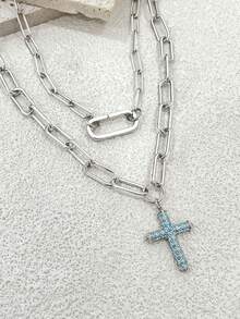 1pc Women's Silver Necklace, Featuring Delicate Long Chain And Minimalist Large Clasp, Simple And Unique. Another Women's Silver Necklace Design With Thick Chain And Cross Pendant, Understated And Elegant, Suitable For Dates Or Parties. - Silver - View 2