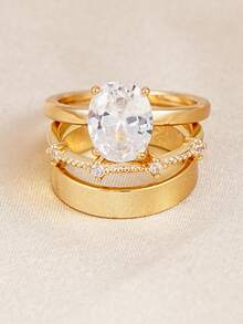 3pcs Elegant Cubic Zirconia Inlaid Ring Set, Jewelry Accessories Suitable For Women To Wear At Weddings, Parties And Gatherings, Holiday Gift - Gold - View 2