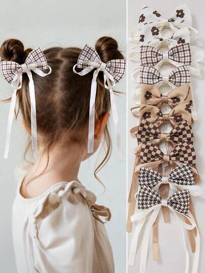 10个/套 女孩卡其色格子蝴蝶结发夹，可爱发饰发卡，日常使用