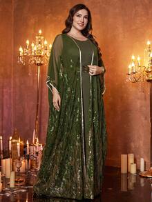 SUPGIR [Random Print] Plus Size Women Long Sleeve Sequin Patchwork Waist Tie Evening Dress Spring - Olive Green - View 5