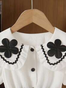 Girls' Vintage Fashion Short Puff Sleeve Ruffled Collar Floral Decor Front Button Waist Tie Casual Dress, Spring/Summer - White - View 7