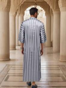 New Middle Eastern Moroccan Dubai Clothing Striped Robe, Mid-Sleeve Embroidered Saudi Arabian - Light Grey - View 2