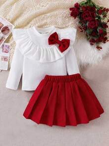2pcs Young Girl Girls Academy Style Ribbed Bow Decor Top And Corduroy Pleated Skirt Set, Spring/Autumn - Rose Red - View 2