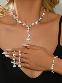 4pcs/5pcs/Set Elegant Crystal Rhinestone Jewelry Set - Earrings And Necklaces, Bracelets, Rings - Suitable For Women's Daily Wear, Weddings, Parties, Etc. - Silver ZT8925 - View 10