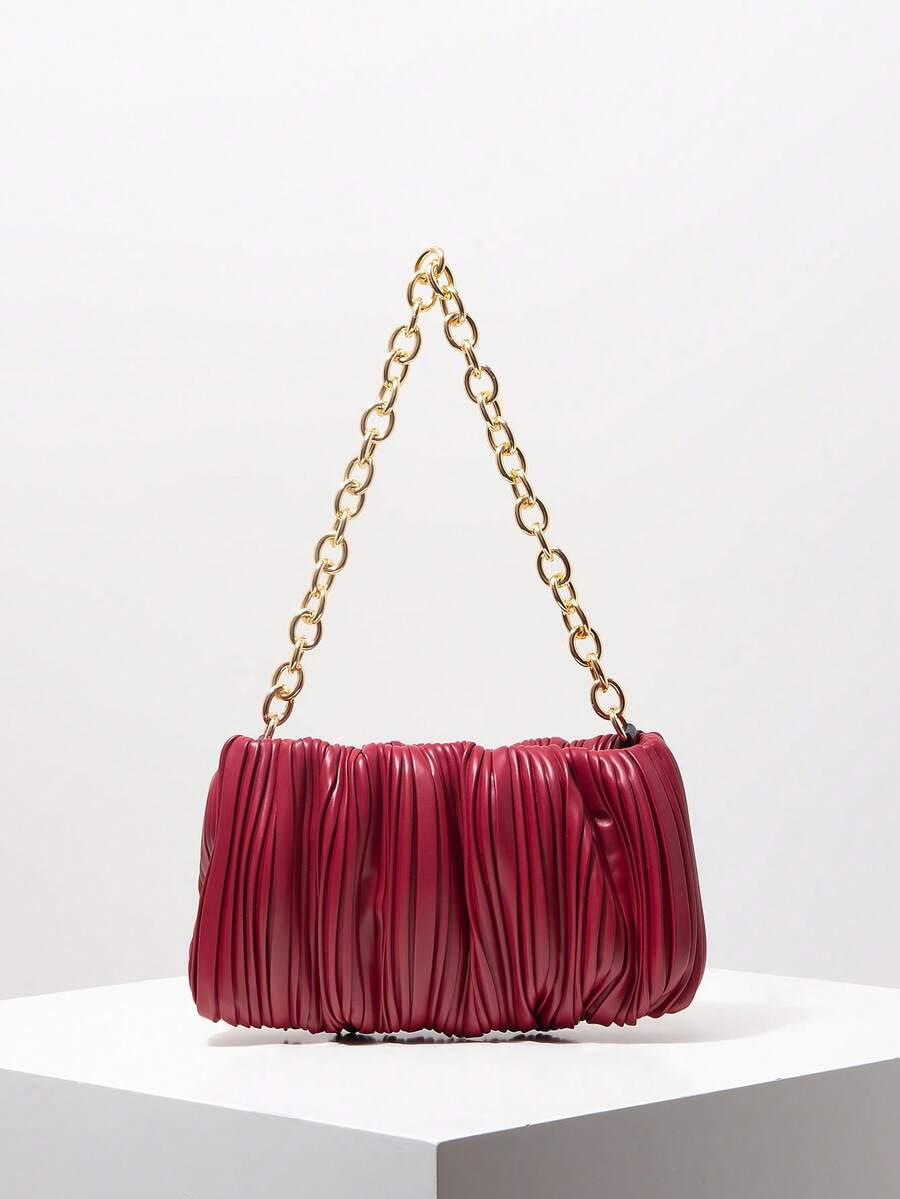 Ruched Pleated Metal Chain Shoulder Bag, Elegant Women's Wallet, Suitable For Commuting, Work, Party, Date (Random Pattern) - Burgundy - View 1
