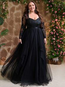 Robe de soirée élégante et glamour pour femmes en grande taille, avec patchwork de maille et de dentelle, fermeture éclair. Convient pour les invités de mariage, avec encolure en cœur et manches longues. Robe de bal longue en dentelle, idéale pour les mariages, les fêtes et les occasions formelles, pour le printemps/l'été/l'automne/l'hiver - Noir - Voir 5