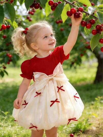 Vestido de punto de manga corta abombada con parche rojo y blanco, lazo y estilo elegante casual para exteriores y fiestas, para niñas, primavera/verano