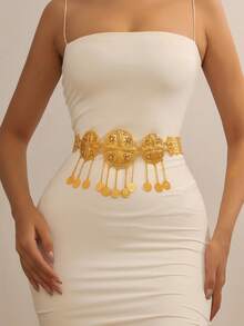 1件金色锌合金圆形腰链新娘腰带，饰有流苏、硬币和图案，镶嵌钻石。情人节配饰 - 金色 - 查看 4