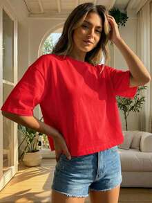 Blusa de mujer de corte holgado, cuello redondo, manga corta, casual, adecuada para primavera y verano, con estilo minimalista, elegante y sexy Y2K, apta para uso diario, oficina, hogar y exteriores - Rojo - Ver 5