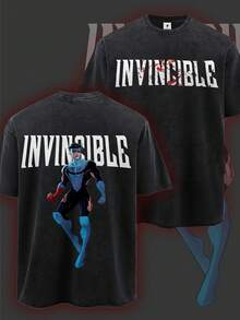 Men's Heavyweight Anime T-Shirt With Double-Sided Print Of Invincible Characters - Soft Washed Vintage Aesthetic Short-Sleeve Crew Neck Shirt, Suitable For Daily Street Wear, Comic Conventions, And Anime Gifts (Ideal For Fans) - Plus Size - 黑色 - 查看 2