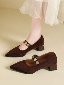 Sepatu hak tebal runcing warna kontras hitam terbaru 2026, versi Korea, sepatu Mary Jane hak sedang dengan gesper logam untuk wanita. - Coklat - View 7