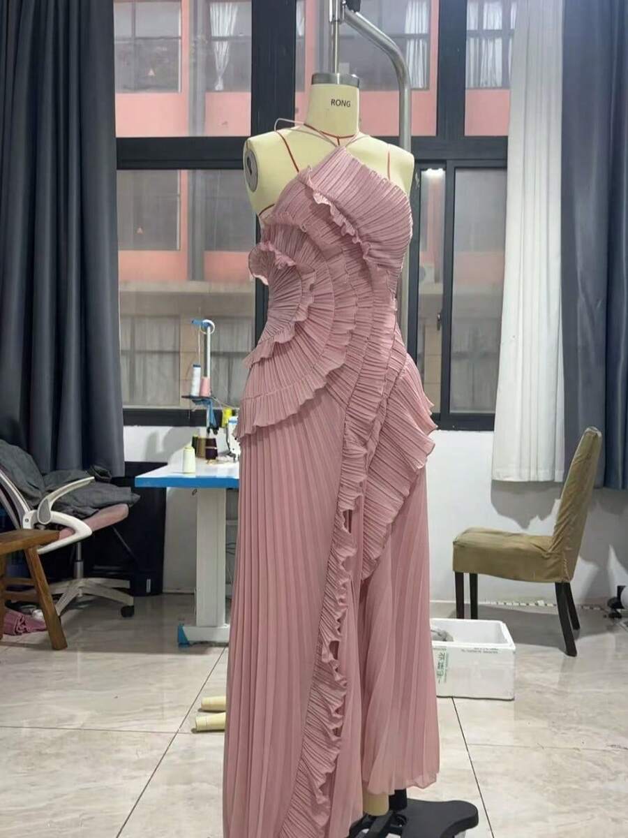 Ladies Elegant, Fashionable, Slim Fit, Ladies' Style, Party, Vacation, Daily Temperament, Socialite, Ruffled Edge, Pleated Neck Hanging, Suspender Dress, Long Skirt, Women - 粉色 - 查看 1