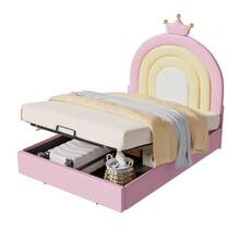 Upholstered Bed 90*200, Hydraulic Bed, With Slatted Base And Headboard, Children's Bed, Wooden Slatted Frame, Easy Assembly, Height-Adjustable Headboard, PU, Pink - Pink - View 1