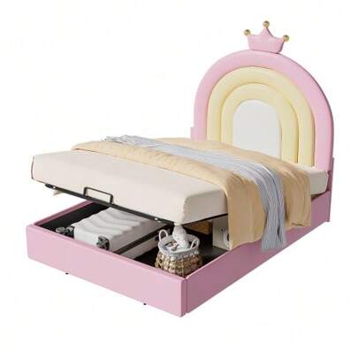 Upholstered Bed 90*200, Hydraulic Bed, With Slatted Base And Headboard, Children's Bed, Wooden Slatted Frame, Easy Assembly, Height-Adjustable Headboard, PU, Pink